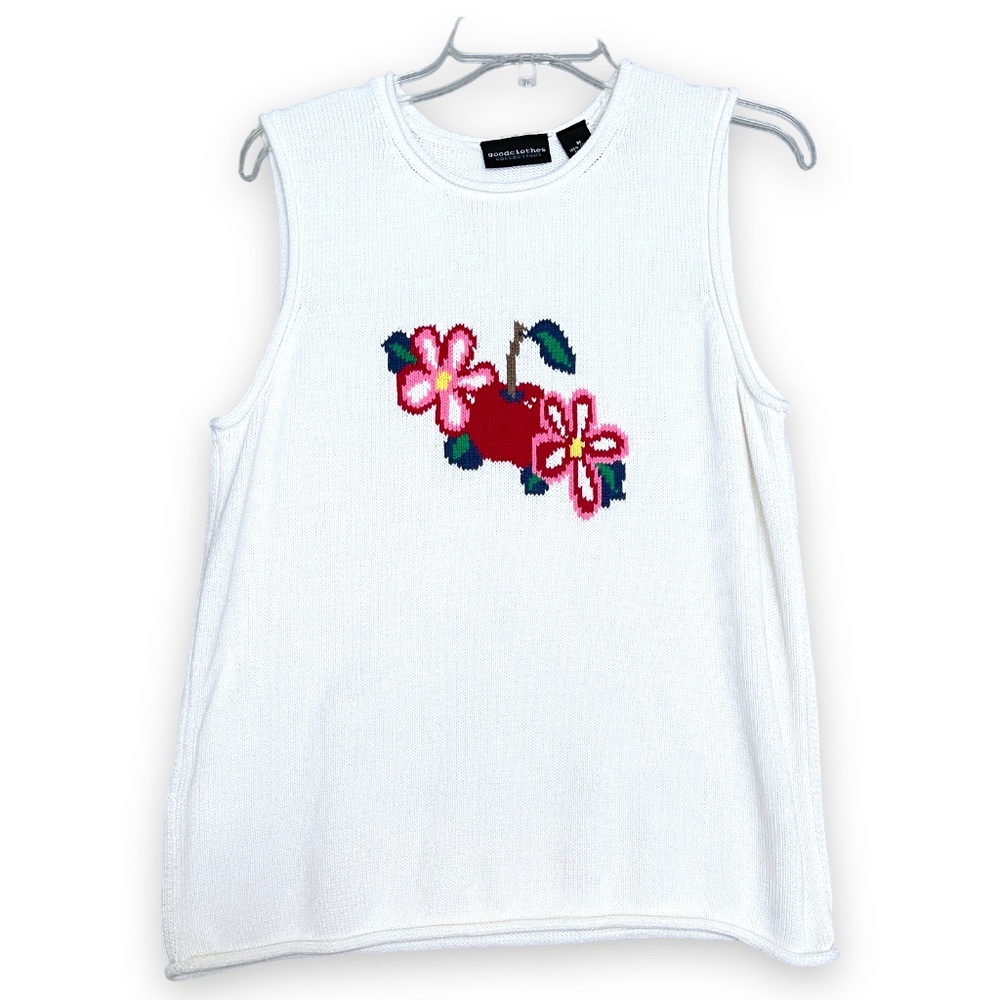 Goodclothes Knit Tank Cherry and Flowers 100% Cotton White Summer Shirt Medium